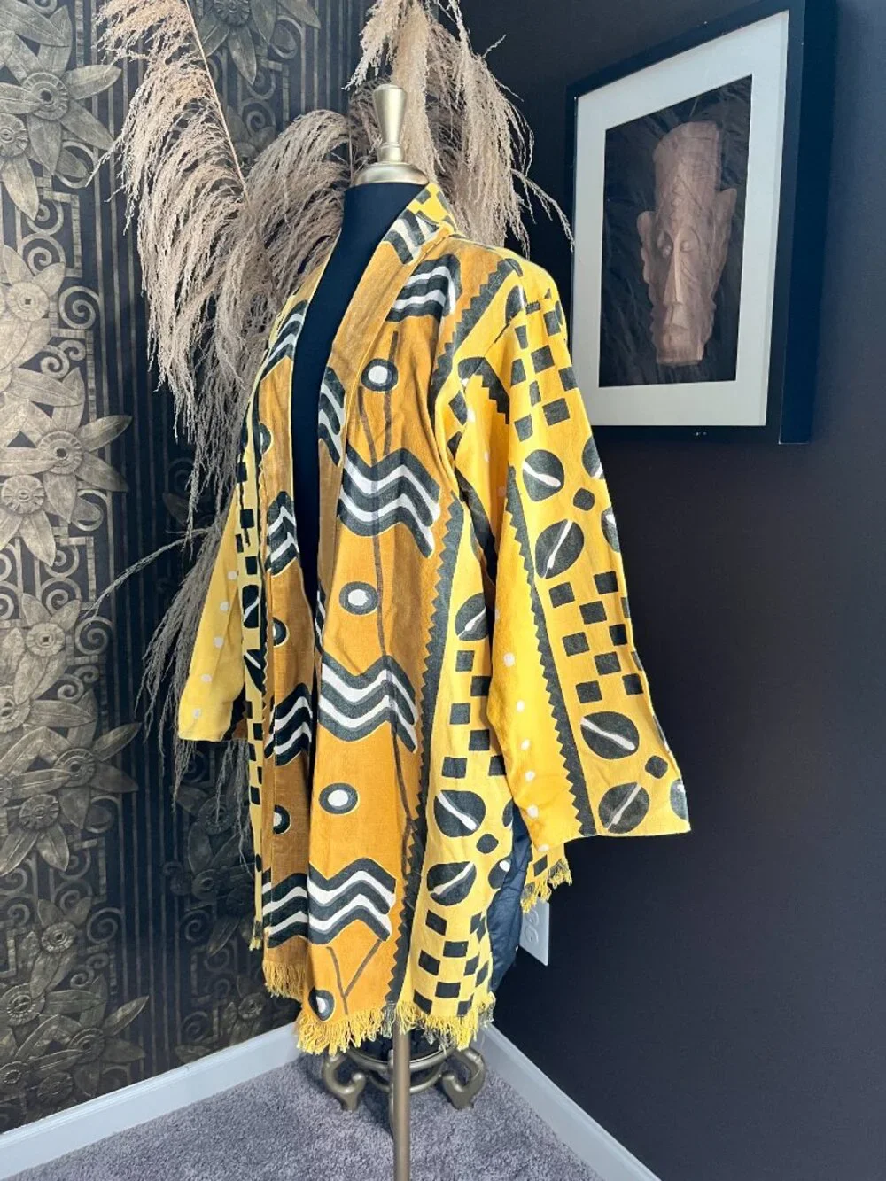 yellow and black geometric patterned African mud cloth kimono jacket - Picture 4 of 6